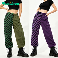 Pantalon large taille haute en maille côtelée personnalisée, imprimé damier colorblock tendance, style universitaire haut de gamme