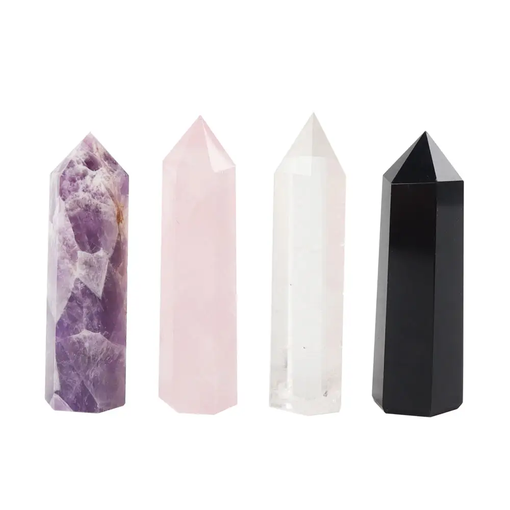 4pcs Amethyst Rose Quartz Black Obsidian Clear Quartz Natural Crystal Points Wands Small Crystal Tower for Healing