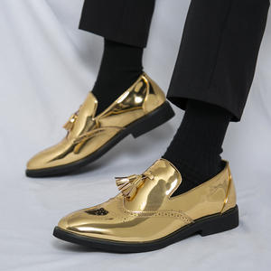 Zapatos Derby Dorados con Suela Suave para Hombre |   Zapatos Brogue de Cuero Genuino con Punta Redonda Tallada, Estilo Británico, Reflectantes - Product Image 3