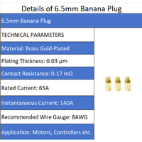 Connecteur banane femelle 6,5 mm 1P, 65A 140A crête, en laiton plaqué or, pour contrôleur de moteur 8AWG, ESC, véhicule électrique
