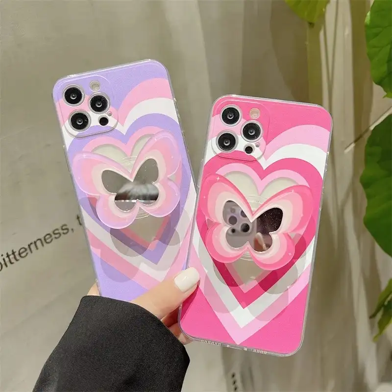 Розовый «любящее сердце» мягкий чехол с держателем и подставкой мягкий прозрачный чехол для телефона чехол для iPhone 13 11 12 Pro Max XR X XS макс 7 8 Plus зеркальная поверхность милый чехол с рисунком бабочки