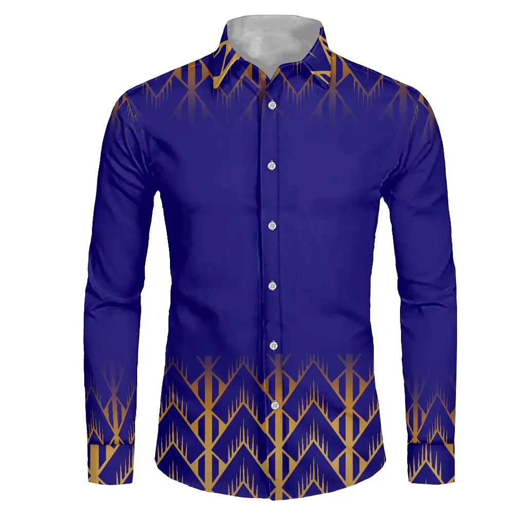 Camicie a maniche lunghe Casual personalizzate di nuovo Design abbottonano camicie da uomo di grandi dimensioni camicia stampata con tatuaggio polinesiano blu per uomo