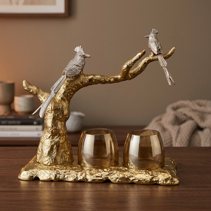 Portavelas con diseño de árbol y Pájaro de metal de latón AK con 2 soportes de vidrio con acabado antiguo para ocasiones especiales/Decoración de festivales - Product Image 1