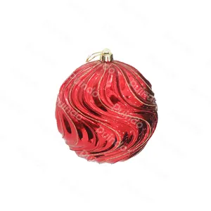 Bola hiasan Natal merah brilian 8cm, bola ornamen natal A9 plastik pohon Natal, dekorasi bola gantung dengan garis Glitter