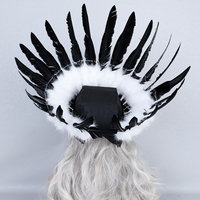 Coiffe indienne en plumes noires avec plumes blanches, faite à la main, pour carnaval, Halloween, fête à thème