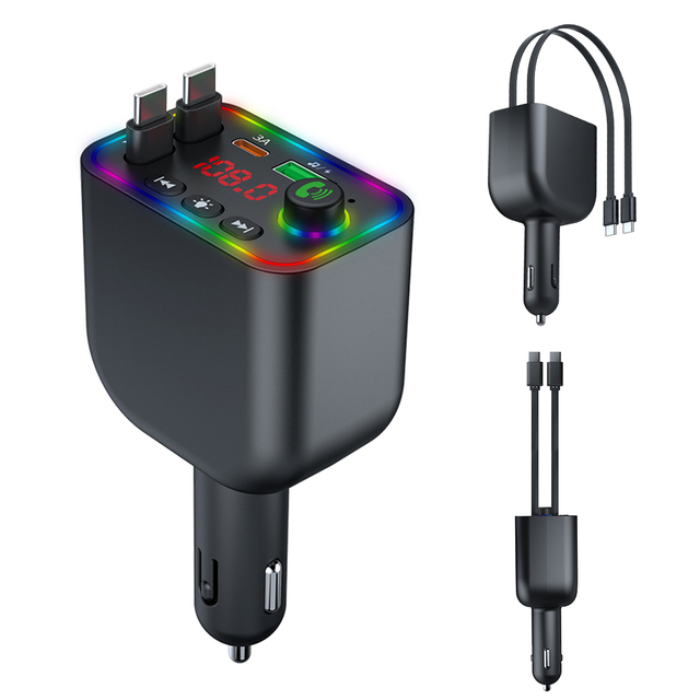 Fast Charging Car Adapter FM Transmitter Retractable Car Charger Handsfree Call Audio Receiver Radio Transmitter MP3 Player