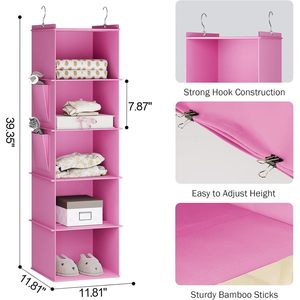 Hanging Closet Organizer 5 <b>Shelf</b> Light Pink Fabric Storage <b>Shelves</b> For Bedroom Neatening <b>Hook</b> Type - Product Image 3