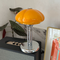 Lampe de bureau en verre en forme de champignon, style nordique Bauhaus rétro, du milieu du siècle, rechargeable, à intensité variable, base en métal chromé, lumière LED pour la décoration de la maison