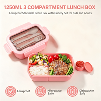 Boîte à bento empilable de 1250 ml pour enfants et adultes, boîte à lunch en plastique à 3 compartiments, étanche, avec ensemble de couverts, compatible micro-ondes/lave-vaisselle