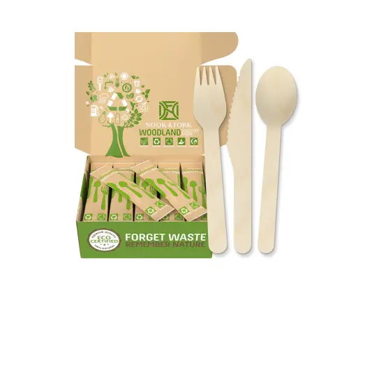 Premium Disposable Wooden Cutlery , Biodegradable Utensils Set of Forks, Spoons, Knives