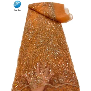 2021高品质尼日利亚婚纱礼服蕾丝材料面料贴花金色编织镶边珠饰花边聚会