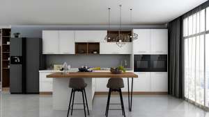 Diseño personalizado de fábrica Listo para ensamblar Gabinetes de isla Carcasa de madera contrachapada Muebles de cocina Gabinetes con tira de luces LED - Product Image 6