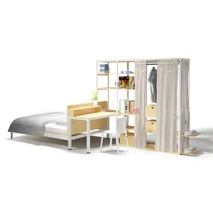 高品质旅舍家具木材和金属双设计成人床，配有架子和小桌子