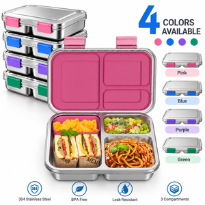 Lonchera Bento de Acero Inoxidable 304 con 3 Compartimentos, Hermética y Libre de BPA, para Niños, Escuela y Oficina - Product Image 2