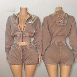 Ensemble de vêtements de sport pour femmes, sweat à capuche et short en coton French Terry à fermeture éclair, logo personnalisé - Product Image 3