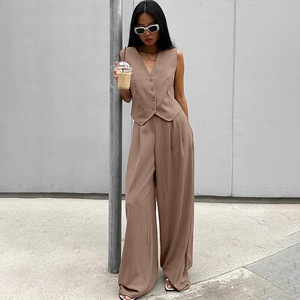 Großhandel gestreifte Frauen weites Bein Hosen Anzüge zweiteilige Sommer Set Damen Hosen und Weste Set Trend <span class=keywords><strong>Outfits</strong></span> für Frauen 2024 - Product Image 3