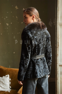 <strong>Lady's</strong> <strong>Car</strong> Jacket Broadtail Fur with Sable Collar and Belt Astrakhan Swakara Karakul Fur <strong>Coat</strong> Leather Jackets for <strong>Ladies</strong> - Product Image 3
