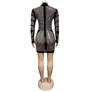 Mini abiti attillati neri da donna da sera in maglia notturna trasparente Sexy vedo attraverso strass manica lunga abito da sera - Product Image 6