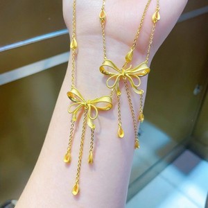 Ribbon Bow Necklace Sand Gold Pendant Tassel Clavicle Chain For Women Party Jewelry Zinc Alloy - Product Image 1