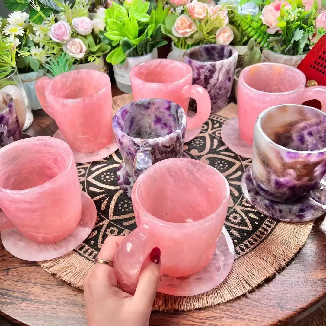 hand carved rose quartz mugs and plate healing stones Crystal Coffee Cup crystals Quartz Crystal Mugs