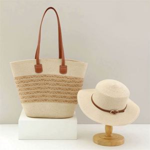 Ensemble de sacs fourre-tout unisexes décontractés grande capacité pour la plage et les vacances en bord de mer, avec chapeau de paille souple en gros - Product Image 3