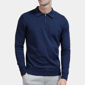 Custom Logo Navy Hoge Kwaliteit Kantoor Pullover Basis Shirt Katoen Gebreide Lange Mouw Half Zip Effen Garen Geverfd Voor Shirt - Product Image 1