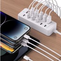 Station de charge USB 12 ports |   6 USB-C + 6 USB-A |   Puissance totale de 66 W |   Chargez 12 appareils en même temps |   Câble blanc, 100 cm