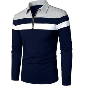 Chemise décontractée pour homme à manches longues en maille respirante anti-plis, style color block rayé avec fermeture éclair, bleu marine, gris, blanc - Product Image 3