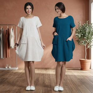 Best Selling Handmade 100% Cotton Bell Sleeve High Waist Vintage Bow <b>Loose</b> A-Line Midi <b>Dress</b> Utility Pockets Plain Dyed - Product Image 3