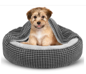 Klein Hondenbed Met Deken Eraan Vastgemaakt, Ronde Kalmerende Knusse Hondenbedden Met Capuchon Voor Kleine Honden, Zacht Pluche Knuffelpuppy-Dierenbed - Product Image 1