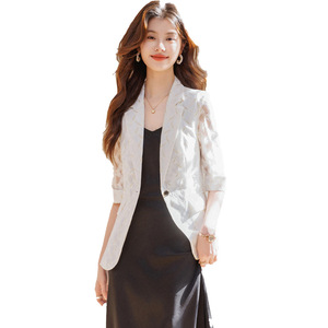 Lace Blazer For Women White Hollow Three Quarter Sleeve Summer Breathable Elegant Versatile Thin Top Petite Size - Product Image 5