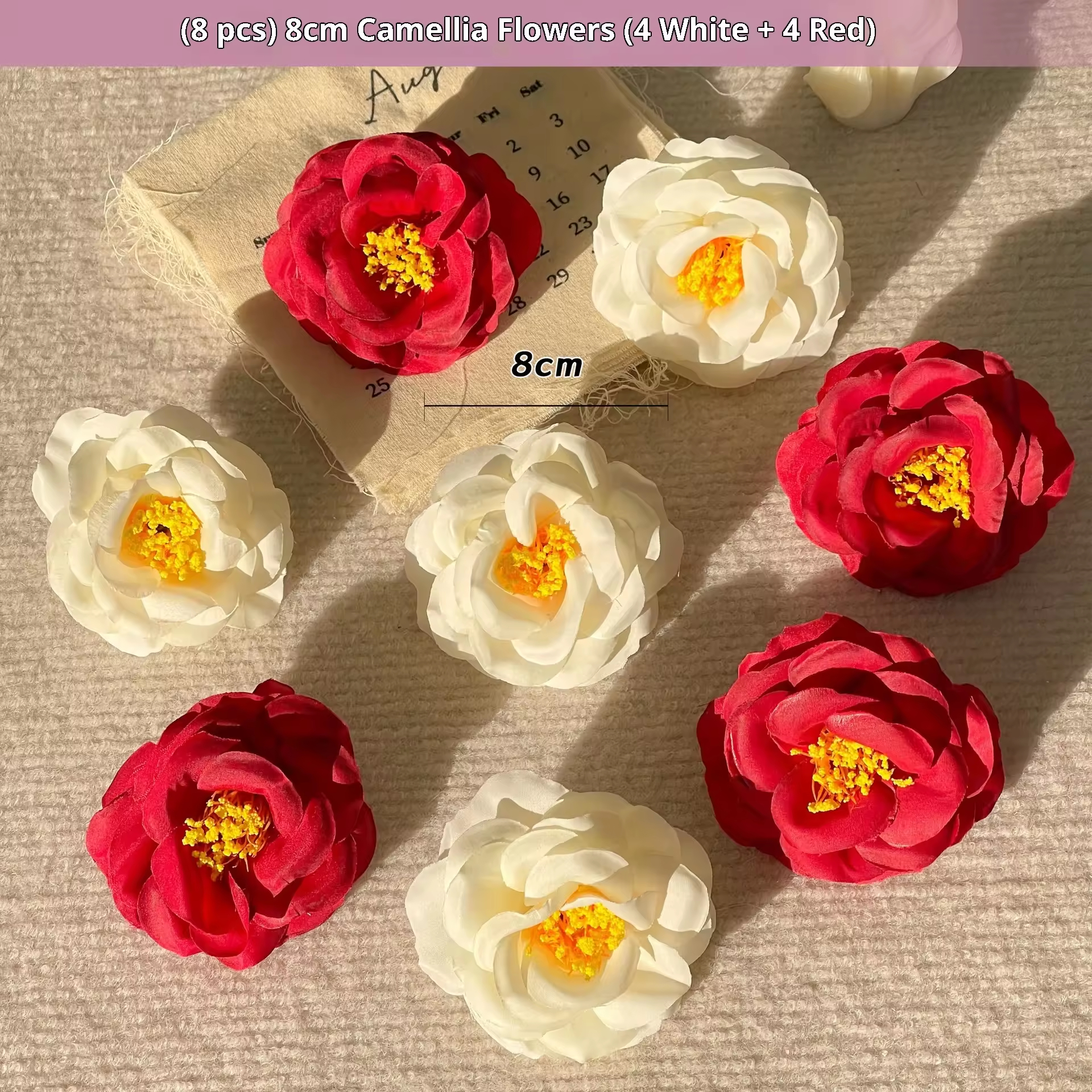 (4 blancas +4 rojas) Flores de camelia 8cm