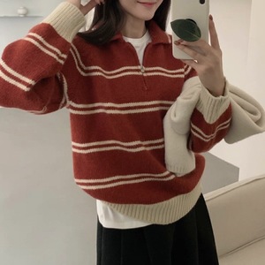 Suéter de punto a rayas con cuello medio cremallera, talla única, estilo coreano, ropa informal de moda para otoño e invierno para mujer - Product Image 3