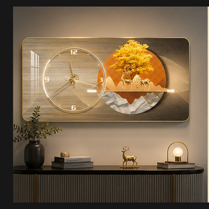 Reloj <span class=keywords><strong>de</strong></span> Pared Golden Tree con Arte <span class=keywords><strong>de</strong></span> Paisaje Natural para Recepción, Salón, Hotel, Suite, Diseño Interior Residencial Tranquilo - Product Image 1