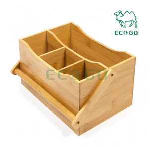Caja de té de bambú con 4 compartimentos y caja de té de madera agarrada con tapa acrílica con asa - Product Image 1