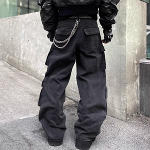 Pantalones vaqueros rectos holgados Unisex American Retro Street Multi-Pocket Bomber <span class=keywords><strong>Cargo</strong></span> Pants Casual Denim Fabric Washed para otoño - Product Image 5