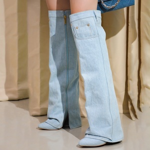 Women Denim Overlay Custom Styles Over Knee High <b>Boots</b> Ladies High Chunky Heels Shoes Folded Pointed Toe Jeans Long Booties - Product Image 1