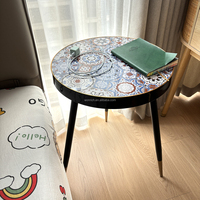 Table d'appoint ronde pour canapé, plateau en verre avec impression UV, style bohème, table basse avec pieds en métal amovibles pour salon