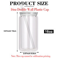 Gobelet en plastique transparent à double paroi de 16 oz (473 ml) en gros, type boule à neige, en acrylique, avec trou pré-percé et bouchons