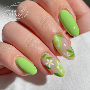 Faux ongles press-on vert citron rafraîchissant, faux ongles stiletto à motif fruité, nail art brillant réutilisable pour les vacances, <span class=keywords><strong>24</strong></span> pièces - Product Image 1