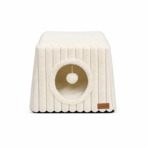 Maison pour chat en velours côtelé semi-fermée, tanière douillette pour chat, rembourrage en coton PP chaud, housse amovible et lavable, antidérapante, vente en gros OEM, jouet <span class=keywords><strong>pompon</strong></span> - Product Image 1