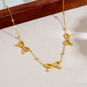 Gold Plated Bowknot Pendant Beaded Chain Stainless Steel Clavicle Necklace For Daily Party Wear - Product Image 2