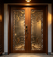 Porte d'entrée résidentielle de sécurité en fer forgé de luxe haut de gamme - Décor doré forgé avec panneau de verre à double motif