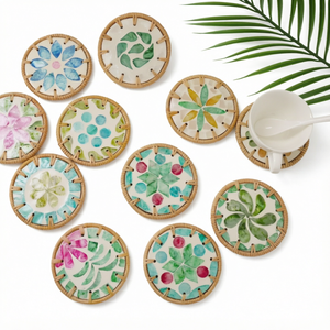 Sous-verres bohèmes en rotin, tapis de table ronds tissés en coquillages, réutilisables, écologiques, faits à la main, anti-brûlure - Product Image 1