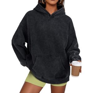 Sweat-shirt oversize pour femme en mélange de coton à manches longues avec poches, style délavé à l'acide, pour l'hiver - Product Image 1