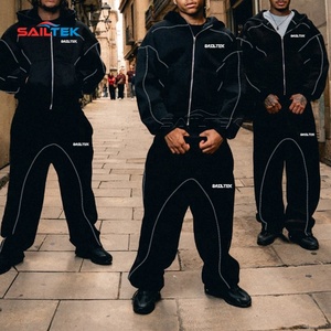 Completo Sportivo Due Pezzi con Bordi Cuciti, Felpa con Cappuccio in Pile Pesante Personalizzata, <span class=keywords><strong>Streetwear</strong></span> con Zip e Pantaloni Larghi da Uomo - Product Image 3