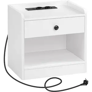 HOOBRO व्हाइट नाइटस्टैंड दराज वाली बेडसाइड टेबल के साथ चार्जिंग स्टेशन USB पोर्ट और बेडरूम लिविंग रूम के लिए सॉकेट साइड टेबल के साथ