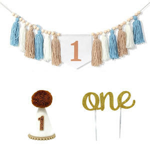 Conjunto de Decoración de Fiesta de Primer Cumpleaños y Navidad para Bebés Niños, en Tela Azul, Bonito y Resistente, Incluye Pancarta para Silla Alta, Gorro de Cumpleaños y Pastel - Product Image 2