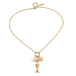 Stainless Steel Pearl Necklace Skeleton Design Gold Tone Clavicle Chain Everyday Wear Jewelry for Women - Product Image 5