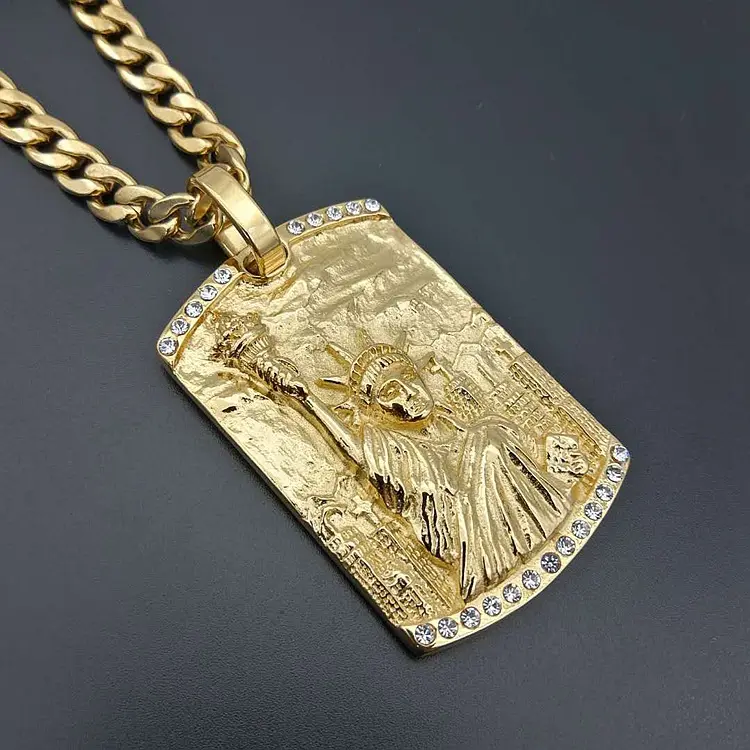 Duyizhao Hip Hop Charme 316 Aço Inoxidável Banhado A Ouro Diamante Studded Estátua Da Liberdade Pingente Colar Jóias